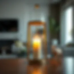 Sleek battery-operated candle lantern casting soft light in a modern living room