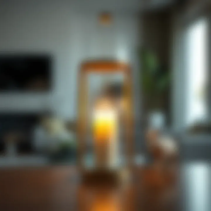 Sleek battery-operated candle lantern casting soft light in a modern living room