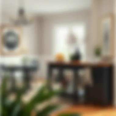 Decorative Elegance: Black Kitchen Cart in a Dining Space Elegant black kitchen cart with wood top used as a decorative piece in a cozy dining area