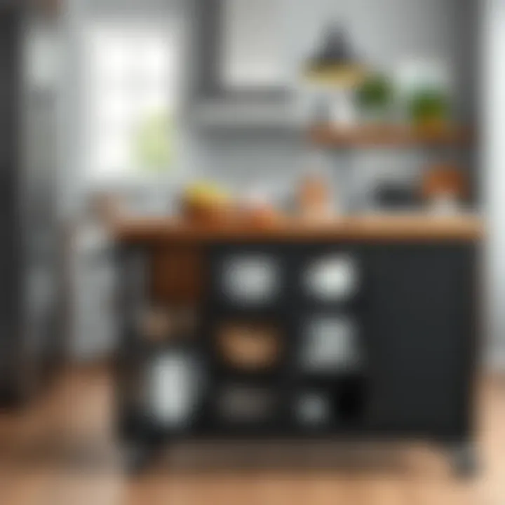 Maximizing Space: Storage Solutions in Black Kitchen Carts Functional black kitchen cart showcasing storage options and a wooden countertop