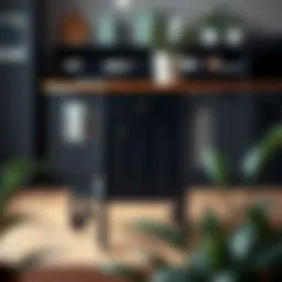 Stylish black kitchen cart with wood top enhancing a modern kitchen decor