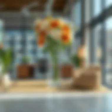 Elegant Glass Floor Vase with Fresh Flowers in Office An elegant glass floor vase adorned with fresh flowers in an office