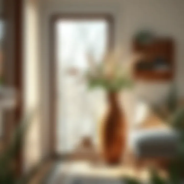 Rustic Wooden Floor Vase in Cozy Home Corner A rustic wooden floor vase placed in a cozy corner of a home