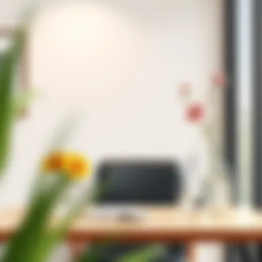 Serene Office Corner with Glass Vases A serene office corner featuring glass vases with fresh flowers