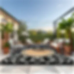 Elegant outdoor setup featuring a black and white rug