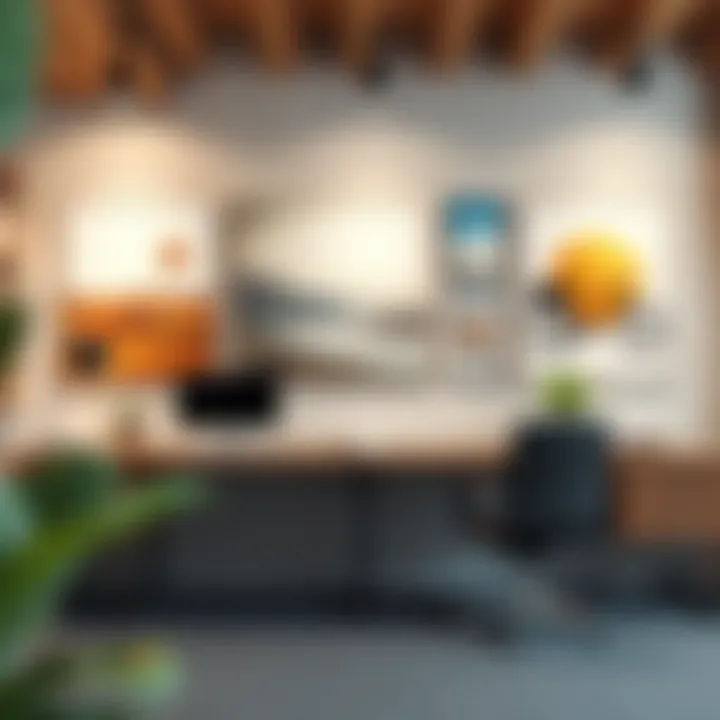 Stylish arrangement of frameless canvas artworks on a workspace wall