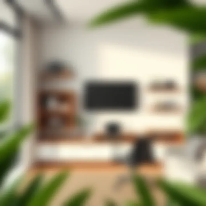 Functional Media Wall Shelves in Home Office Home office setup with functional media wall shelves