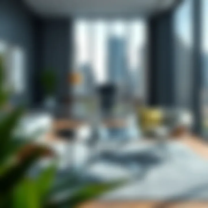 Stylish round glass coffee table in an office environment