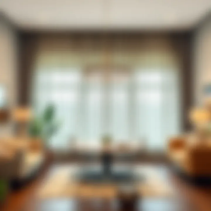 Stylish Office with Patterned Sheer Drapery Stylish office space featuring patterned sheer drapery