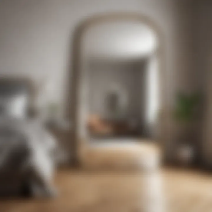 Brass floor mirror enhancing a minimalist bedroom design