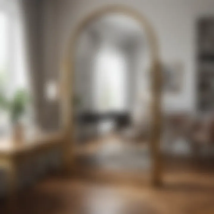 Large brass floor mirror adapted in a chic home office