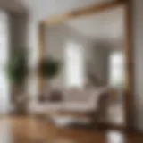 Reflective Elegance in Living Spaces Elegant large brass mirror reflecting a stylish living room