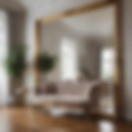 Reflective Elegance in Living Spaces Elegant large brass mirror reflecting a stylish living room