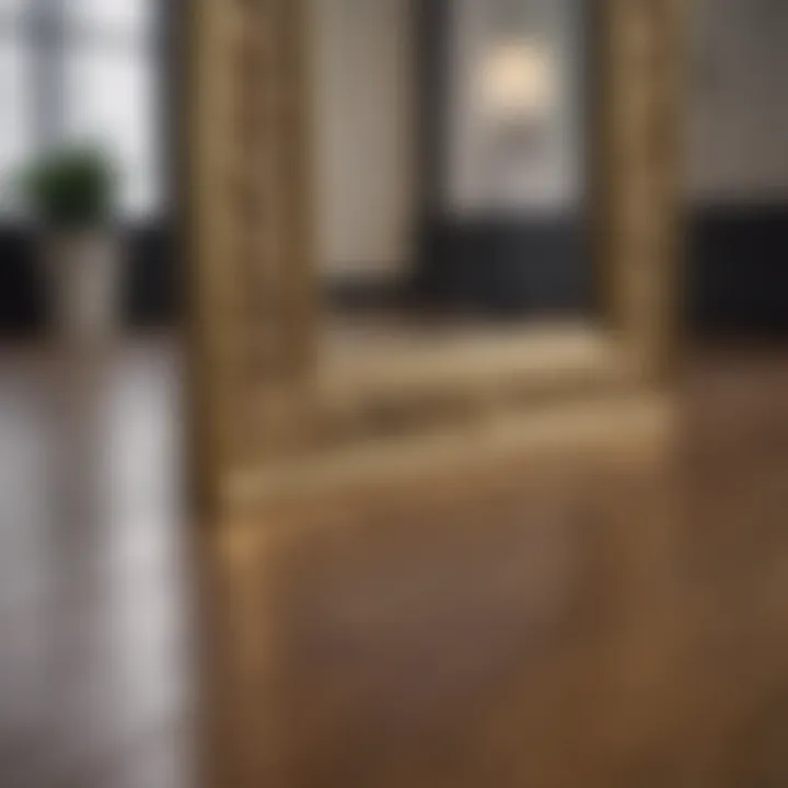 Close-up of intricate brass detailing on a floor mirror