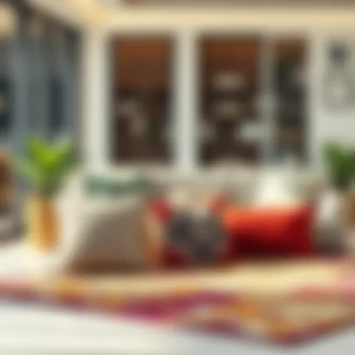 Synergy of Throw Pillows and Rugs in Office Decor Elegant throw pillows complementing a vibrant rug in a modern office setting