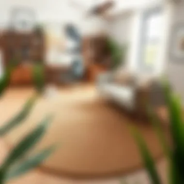 A beautifully arranged four-foot round braided rug in a modern office setting