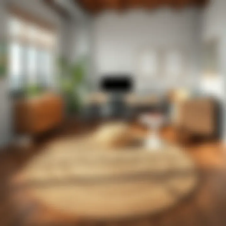 A professional workspace featuring a four-foot round braided rug