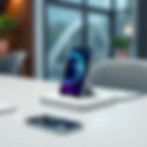 Elegant iPhone Wireless Charging Stand on a Modern Desk Elegant iPhone wireless charging stand on a modern desk