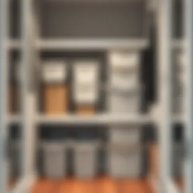 Stylish plastic storage bins arranged in a modern closet