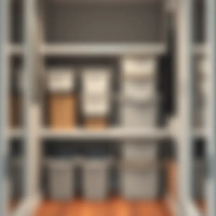 Stylish plastic storage bins arranged in a modern closet