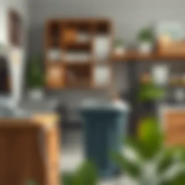 Organized Workspace with Effective Waste Disposal A well-organized workspace featuring a strategically placed trash can