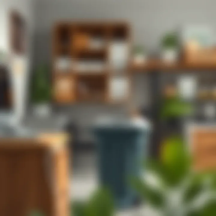 Organized Workspace with Effective Waste Disposal A well-organized workspace featuring a strategically placed trash can