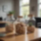 Elegant arrangement of large glass jars with cork lids in a modern office setting