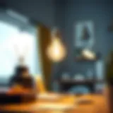 A close-up view of a white light energy-saving bulb illuminating a workspace