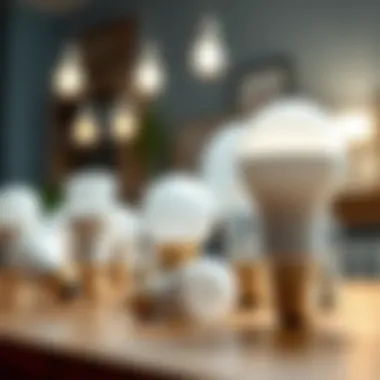 Different types of white light energy-saving bulbs displayed on a table