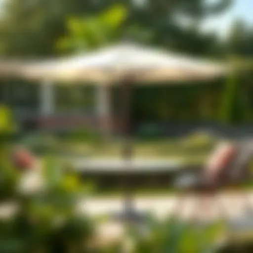 Elegant outdoor tabletop with an umbrella hole set in a garden