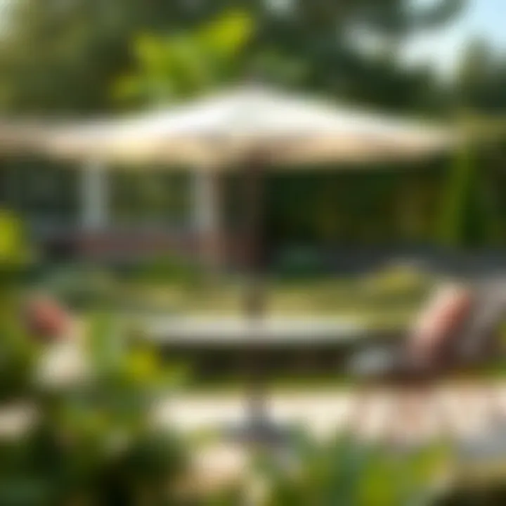 Elegant outdoor tabletop with an umbrella hole set in a garden