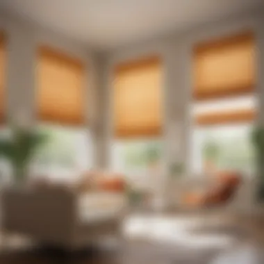 Different styles of Roman shades in a bright living room.