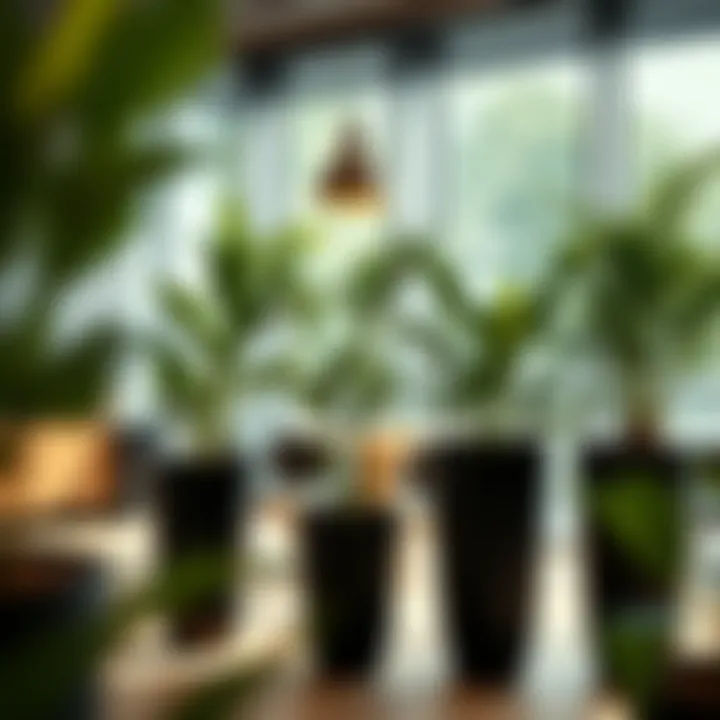 A modern office featuring tall black ceramic pots with lush greenery