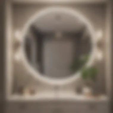 Bathroom setting featuring round mirror and chic vanity lights