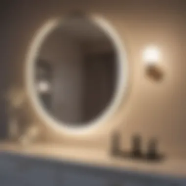 Close-up of round mirror reflecting stylish vanity lights