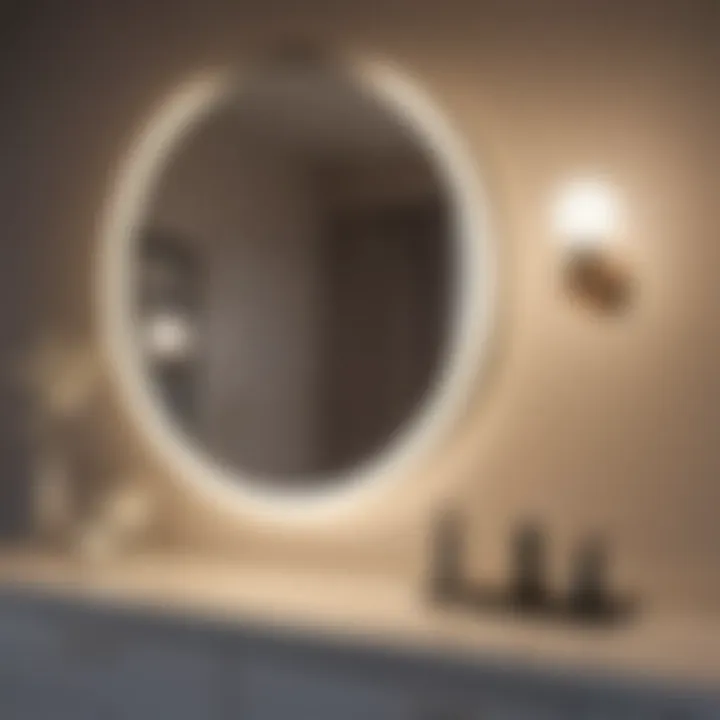 Close-up of round mirror reflecting stylish vanity lights