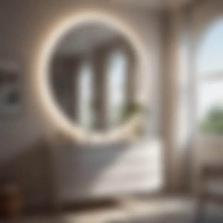 Stylish vanity area showcasing round mirror and lighting effects