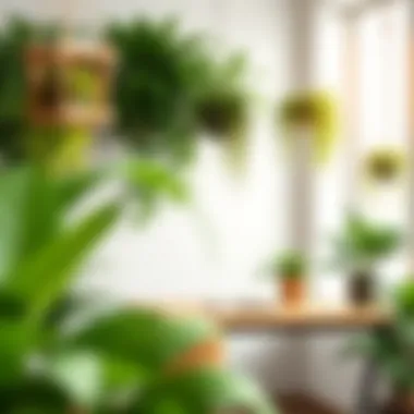 An illustration showing the benefits of using hanging fake plants on air quality and well-being