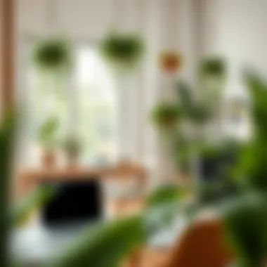 A carefully arranged workspace featuring hanging fake plants for aesthetic enhancement