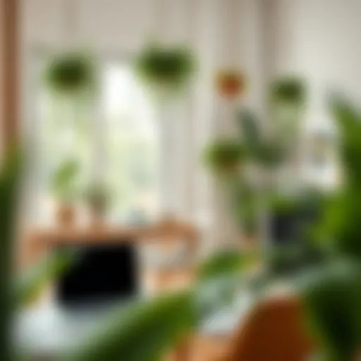 Enhancing Aesthetics with Hanging Fake Plants A carefully arranged workspace featuring hanging fake plants for aesthetic enhancement