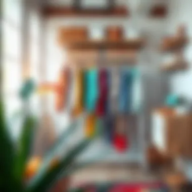 Eclectic space featuring a white clothing rack with colorful garments
