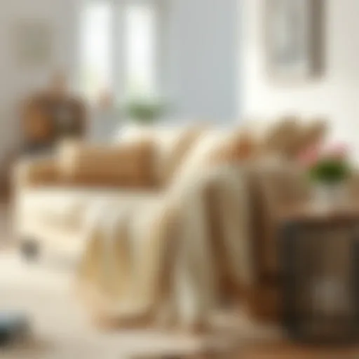 Cozy Living Room Aesthetic Cozy living room featuring an off-white cotton throw draped over a plush sofa