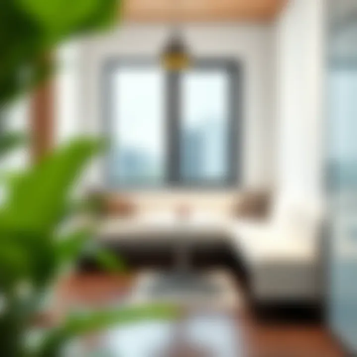 Comfortable Work Area with White Low Bench Comfortable seating area featuring a white low bench