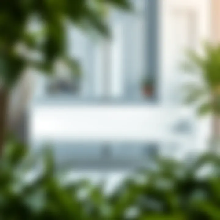 Elegant Low Bench Amidst Greenery in Office Elegant white low bench surrounded by greenery