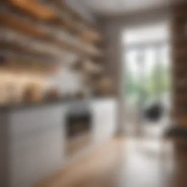 Modern kitchen featuring a pantry with flexible shelving arrangement.