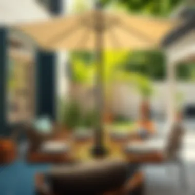 Trendy outdoor dining space showcasing a tabletop with an umbrella hole