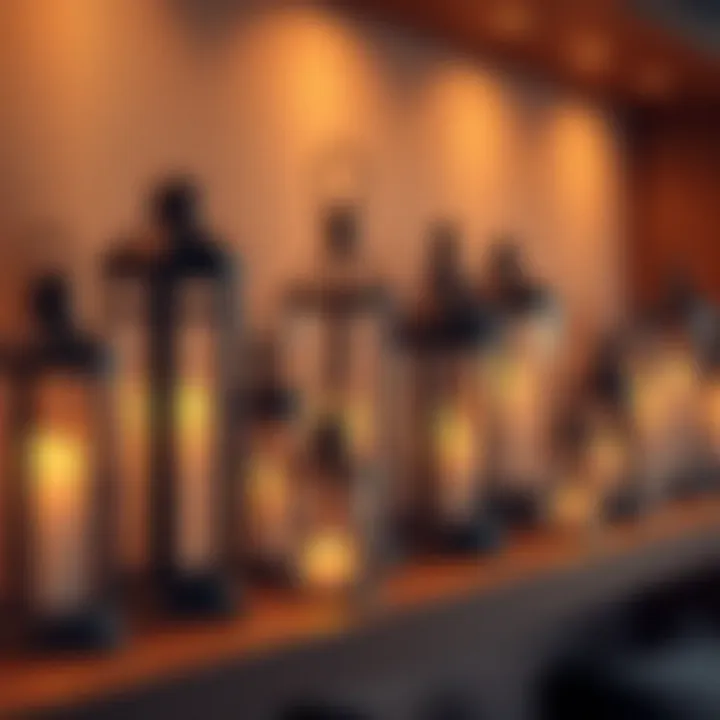 Diverse range of battery-operated candle lanterns displayed on a shelf