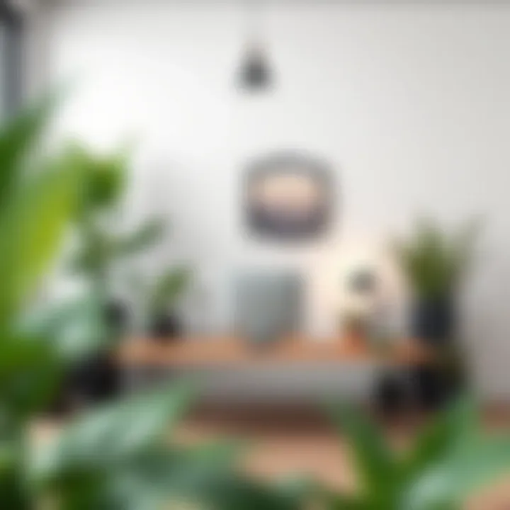 An inviting workspace decorated with tall black ceramic pots and plants